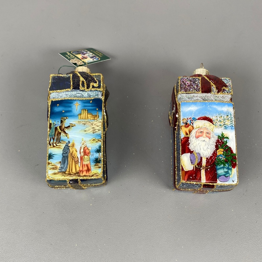 2 Old World Christmas Inside Art Glass Holiday Ornaments Santa Nativity Gift Box